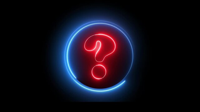 Neon question mark sign icon animation glowing red and blue color confusion mark quiz punctuation mark education exam sign sign symbol on black background