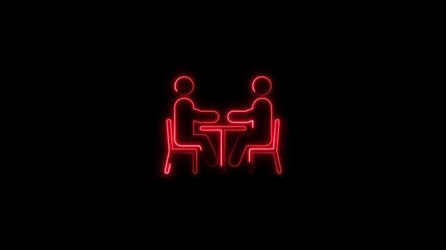 Red neon light outline of two people sitting opposite at a table a glowing line drawing showing simplified human figures across from each other at a small glowing meeting discussion communication