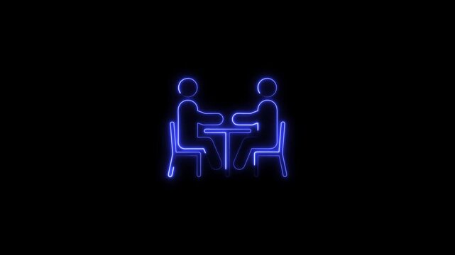 Blue neon light outline of two people sitting opposite at a table a glowing line drawing showing simplified human figures across from each other at a small glowing meeting discussion communication