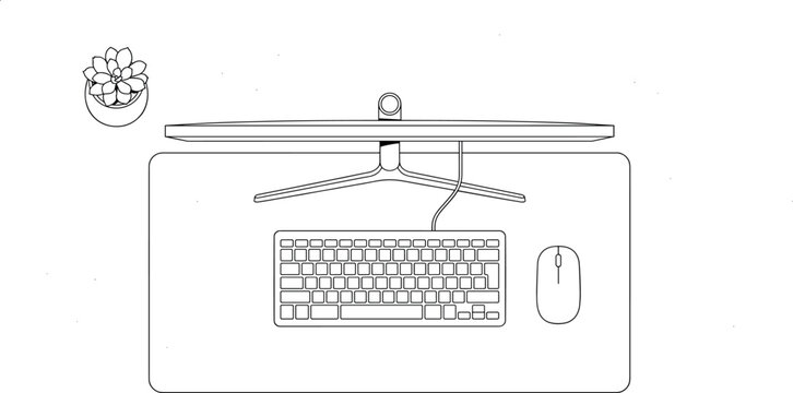 Top View Minimalist Desk Setup Line Art Vector Icon Set Featuring Ultrawide Monitor Computer Keyboard Mouse Mat And Small Succulent Plant