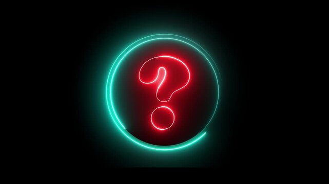 Neon question mark sign icon animation glowing red and cyan color confusion mark quiz punctuation mark education exam sign sign symbol on black background