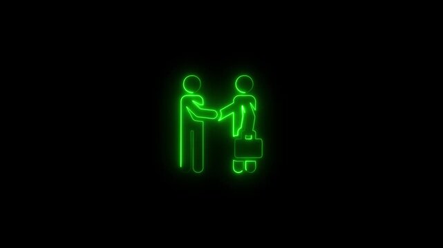 Green neon business handshake icon a glowing line art animation of two professionals shaking hands, one holding a briefcase deal agreement partnership success briefcase