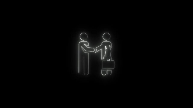 White neon business handshake icon a glowing line art animation of two professionals shaking hands, one holding a briefcase deal agreement partnership success briefcase