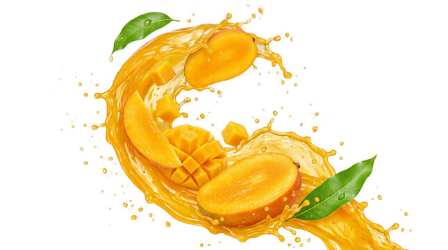 Fresh mango fruit splash with liquid juice swirl, ripe yellow mango slices and green leaves, dynamic tropical fruit juice explosion for beverage packaging isolated PNG with Transparent Background