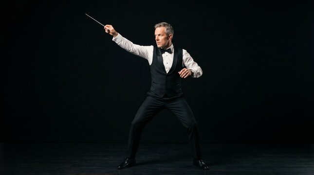 Commercial medium shot portrait photography of a professional orchestral conductor holding a musical baton against a dark background &ndash; premium classical music branding, concert hall performance advert