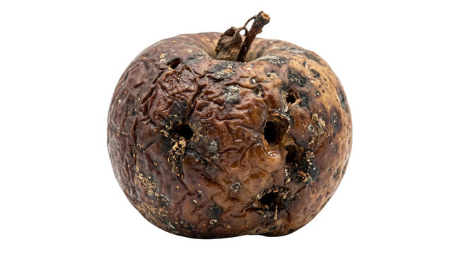 Rotten apple with wrinkled brown skin and holes, decaying organic fruit waste, spoiled shriveled apple showing decomposition and mold isolated PNG with Transparent Background
