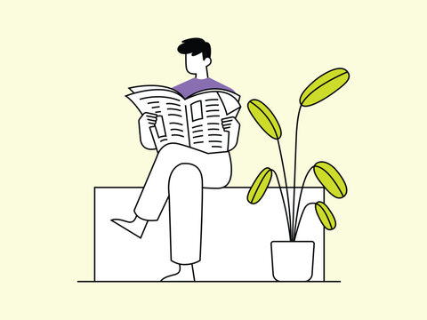 Man sitting on bench reading newspaper in line art style illustration.