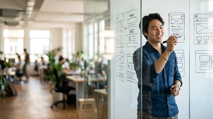 Fototapeta premium Asian UI designer drawing website wireframe on office glass wall