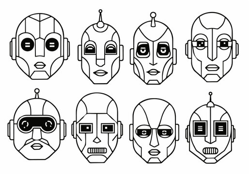 Set of eight futuristic robot and android face head designs with various eye styles outline monochrome vector illustration