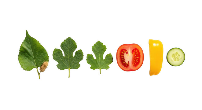 Fresh green fig leaves with sliced tomato pepper and cucumber