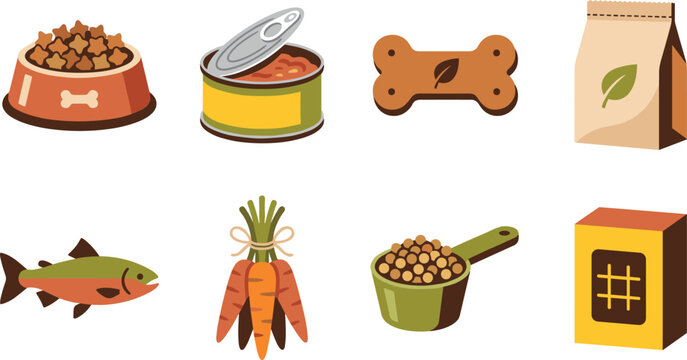 Art & IllustrationPet food and organic animal nutrition vector icon set featuring kibble bowl, wet food, and healthy ingredients