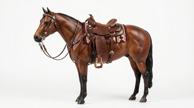 Brown horse with medieval armor standing on white