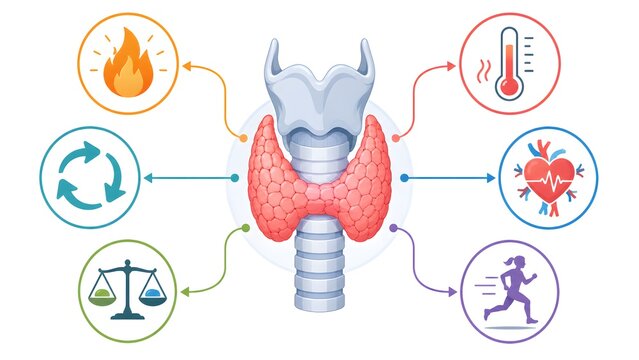 Anatomy of the thyroid gland with surrounding icons illustrating its impact on metabolism, body temperature, heart rate, energy, and weight balance.