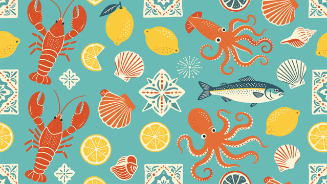 Mediterranean Marine Pattern With Lobsters Octopus Lemons And Shells