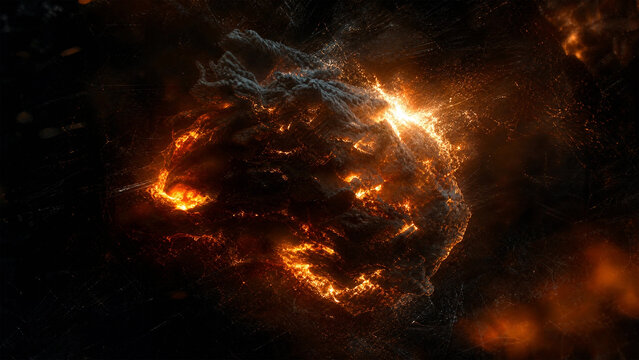 Dynamic abstract representation of a molten planet or asteroid shattering with fiery glow and glowing particles in deep space