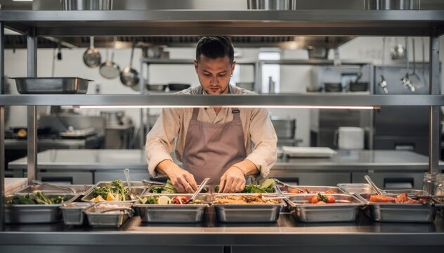 Medium shot of a ghost kitchen workspace showing a chef organizing ingredients at a branded station with other stations and equipment out of focus