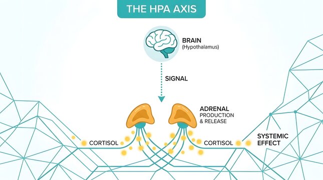 An illustrative diagram explaining the Hypothalamic-Pituitary-Adrenal (HPA) axis, showing the brain signaling adrenal glands to release cortisol and its systemic effects.