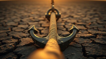 Fototapeta premium taut. A massive iron ship anchor embedded in cracked earth, rope taut in golden light. safety posters, maintenance manuals, designed for industrial assembly lines and welding operations.