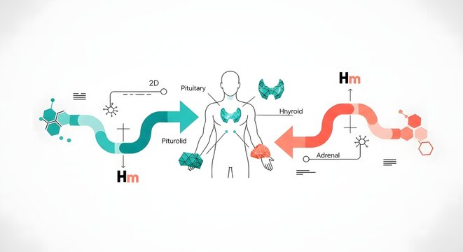 Diagram illustrating the human endocrine system with pituitary, thyroid, and adrenal glands, showing hormonal feedback loops and biological processes.
