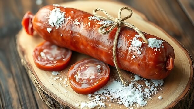 saucisson. Thick French saucisson on rustic board with white mold, tied with twine, artisanal feel. menu design, packaging mockups, designed for food delivery and cloud-kitchen brand materials.