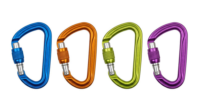 Four colorful metal climbing carabiners arranged horizontally isolated on transparent background.
