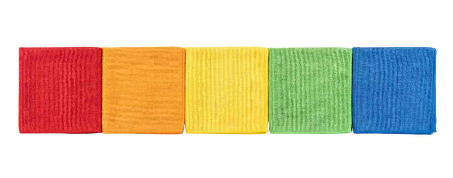 Horizontal row of five colorful square cleaning cloths in bright primary colors isolated on transparent background.