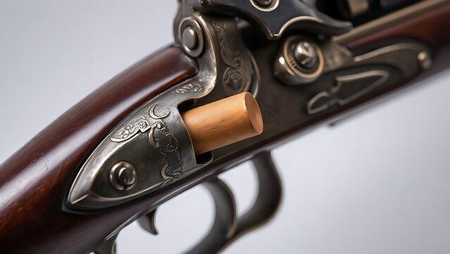 flintlock. Close-up detail of ornate flintlock pistol focusing on flint against frizzen. product launch decks, UI/UX mockups, designed for data visualization dashboards and holographic UIs.