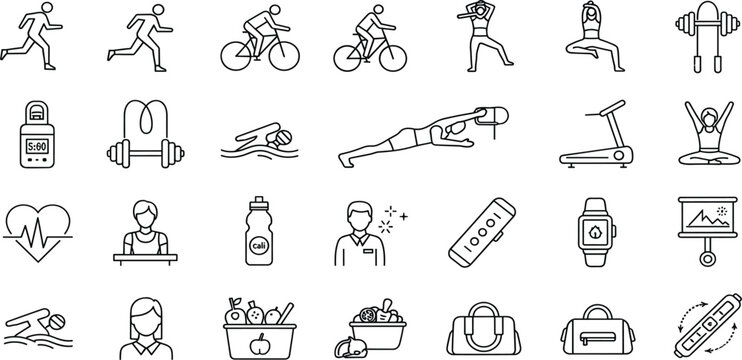 Fitness and Healthy Lifestyle Line Icon Set Featuring Running, Cycling, Swimming, Yoga, Nutrition, Wearables and Exercise Tracking