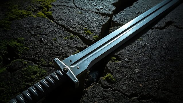 longsword. A medieval longsword thrust into a crack in mossy stone. event programs, museum guides, designed for cultural heritage projects and event programs, supports education.