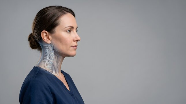 Female Profile with Labeled Cervical Vertebrae Anatomy C1 to C7 Medical Illustration