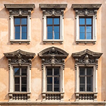 A close-up of a building's facade featuring six ornate windows