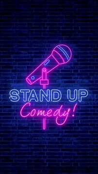 stand up comedy show sign neon lights on brick wall background animation, bar and club comedy and humor show party stream vertical social media motion background