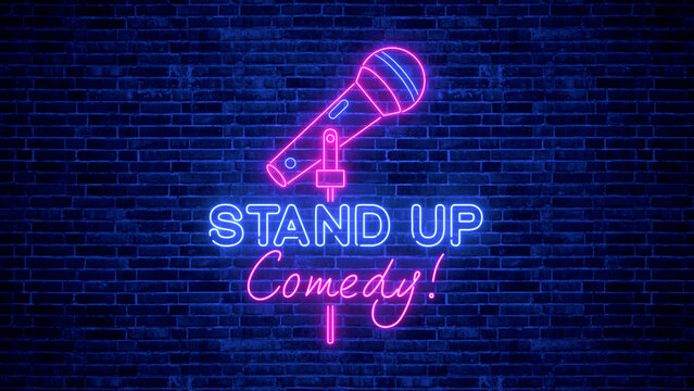 stand up comedy show sign neon lights on brick wall background , bar and club comedy and humor show party stream social media background