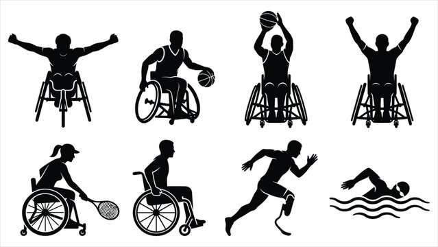 Paralympic and Adaptive Sports Athlete Silhouettes Featuring Wheelchair Basketball Tennis Sprinting and Swimming Vector Illustration Set