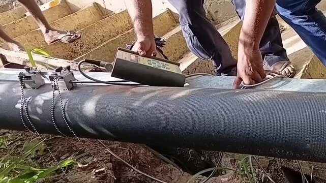 Technician Operating Handheld Digital Ultrasonic Flow Meter Device Display To Monitor Non Invasive Water Main Pipeline Flow Audit Testing
