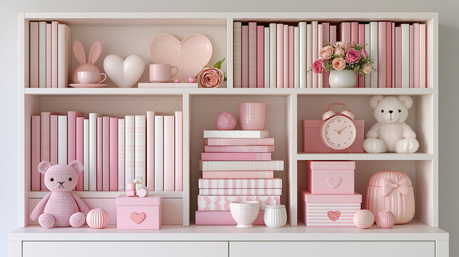 Aesthetic White Bookshelf Decorated with Pink Objects and Toys