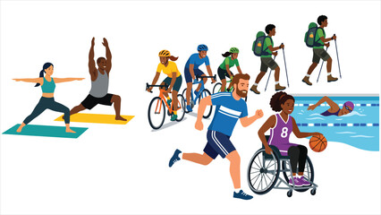 Naklejka premium Diverse Multiethnic Group of Inclusive Athletes Practicing Running Yoga Cycling Swimming Hiking and Wheelchair Basketball Flat Vector Illustration