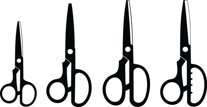 Black scissors silhouettes collection set featuring different sizes of office shears cutting tools isolated on white background for tailor craft and graphic design vector illustrations