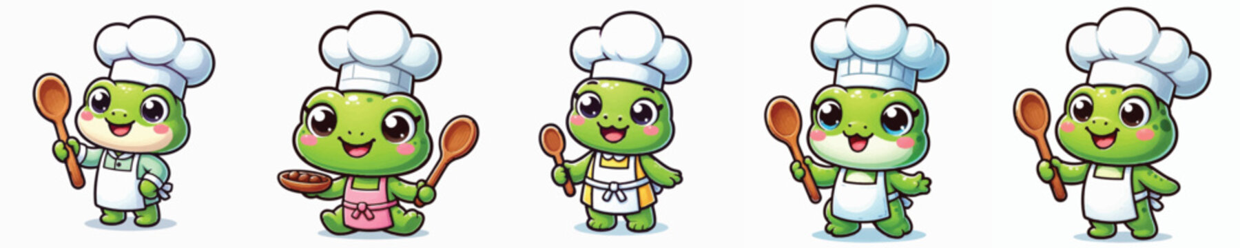 Vector of a cute cartoon frog chef character holding a cooking spoon