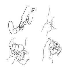 Obraz premium Baby Hand Holding Mother Finger One Line Art Vector Illustration, Continuous Line Drawing of Parent and Newborn Bond