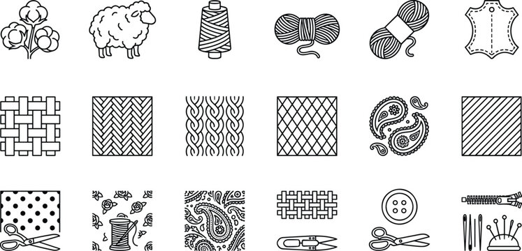 Textile industry and sewing icons set hand drawn line art vector illustration with fabrics patterns yarn sheep and tailoring tools.