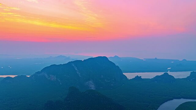  Aerial hyper lapse panorama showcasing the natural beauty of Phang Nga Bay with heart shaped mangrove islands and calm seawater reflections. sweet Sunrise Above Baan Nai Ngob Mangroves
