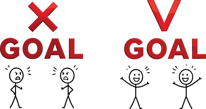Cartoon stick figure characters with right checkmark and wrong cross marks for successful business team goal setting strategy isolated on white background vector illustrations