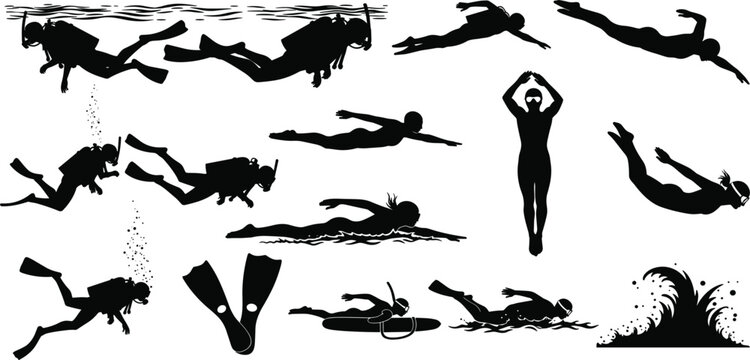 Scuba Diving and Underwater Swimming Silhouette Collection Featuring Divers, Snorkeling Activities, Marine Exploration and Ocean Adventure Sports