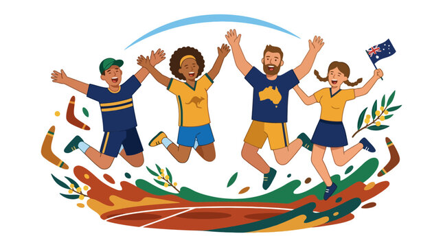 Happy Australian people jumping and celebrating with flags and boomerangs. EPS Editable
