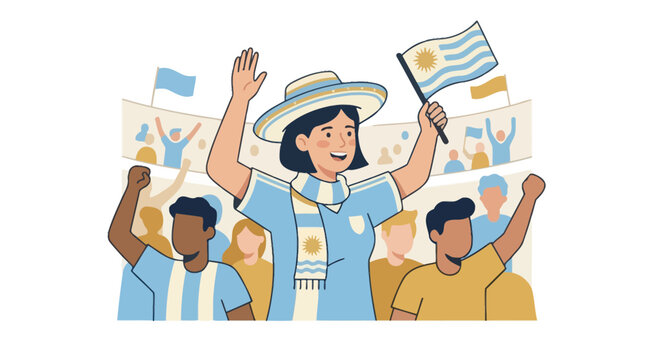 Happy Argentine soccer fans celebrating victory with national flag and team colors. EPS Editable
