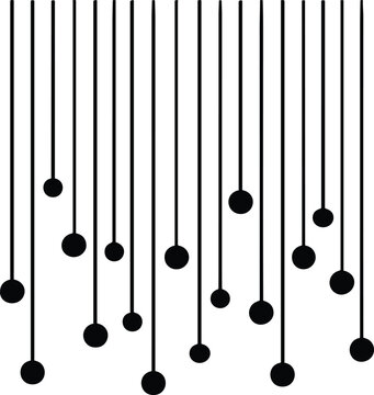 Black pendulum balls hanging from lines on isolated white background in a rhythmic pattern
