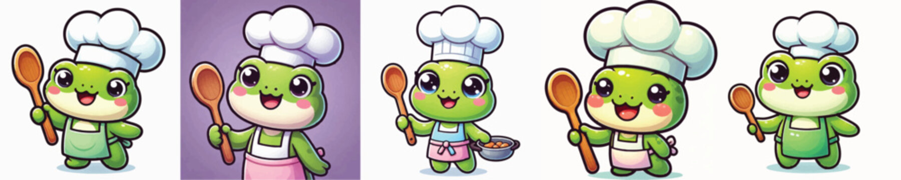 Vector of a cute cartoon frog chef character holding a cooking spoon
