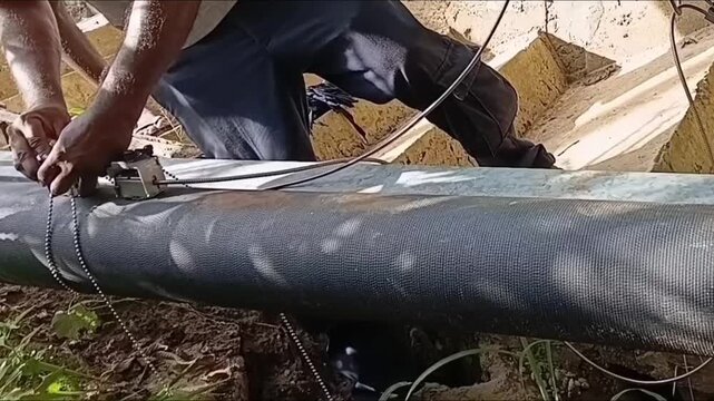 Close Up Of Workers Hands Disassembling And Removing Clamp On Ultrasonic Flow Meter Sensors From Industrial Water Pipeline After Flow Audit
