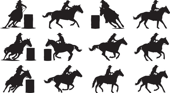 Set of barrel racing silhouettes featuring cowgirls on galloping horses maneuvering around barrels in rodeo action